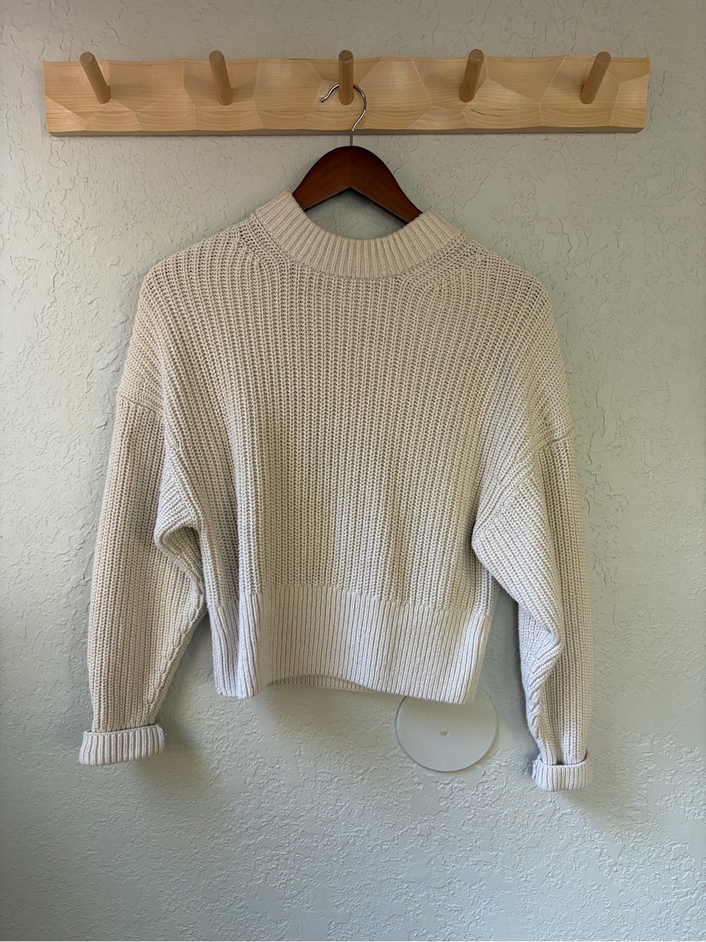 Everlane Cream Ribbed Crewneck Sweater with Back Contrast Piping